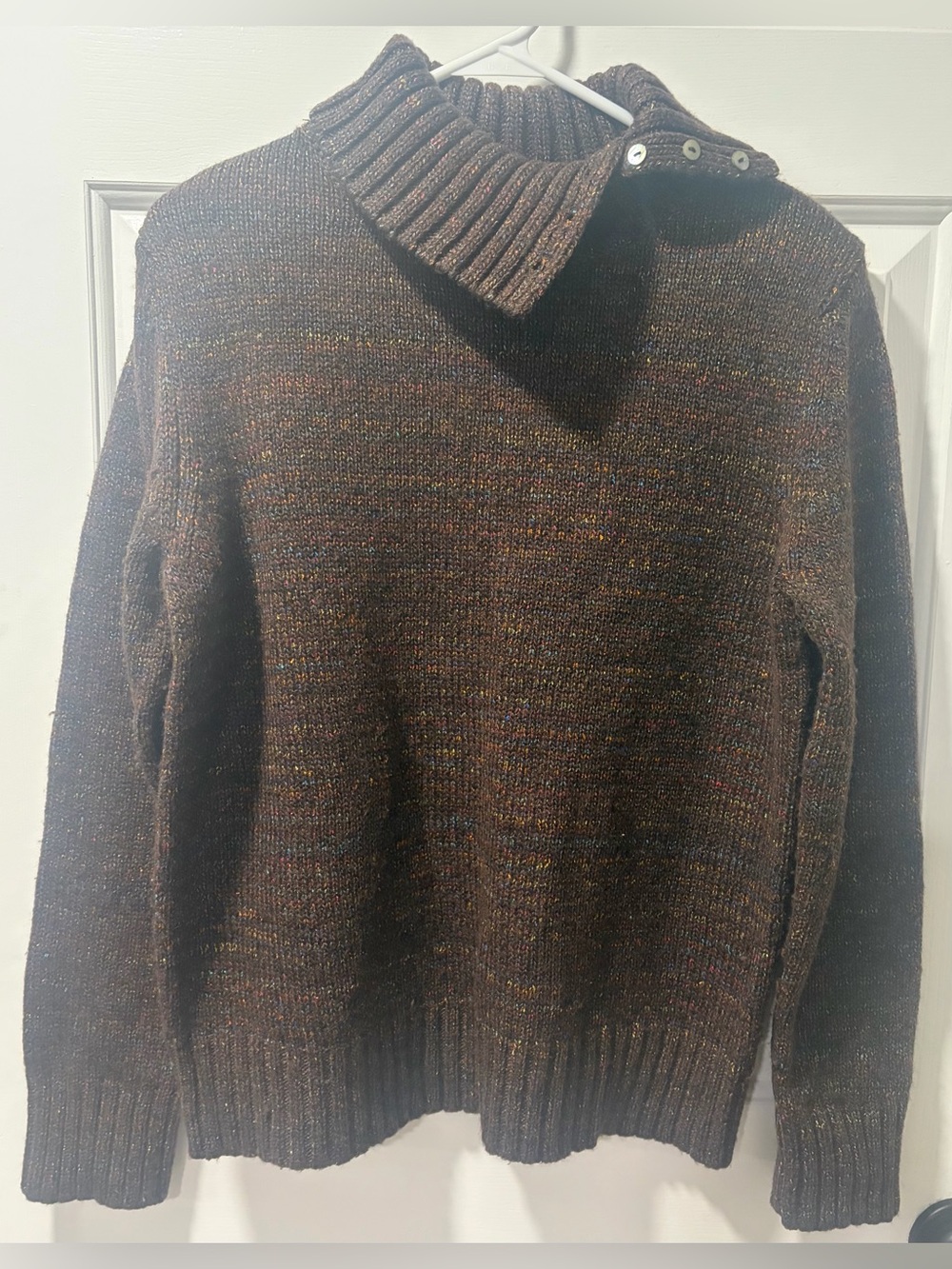 Vintage Karen Scott Marled Tweed Button-Collar Sweater Dark Brown - size Small